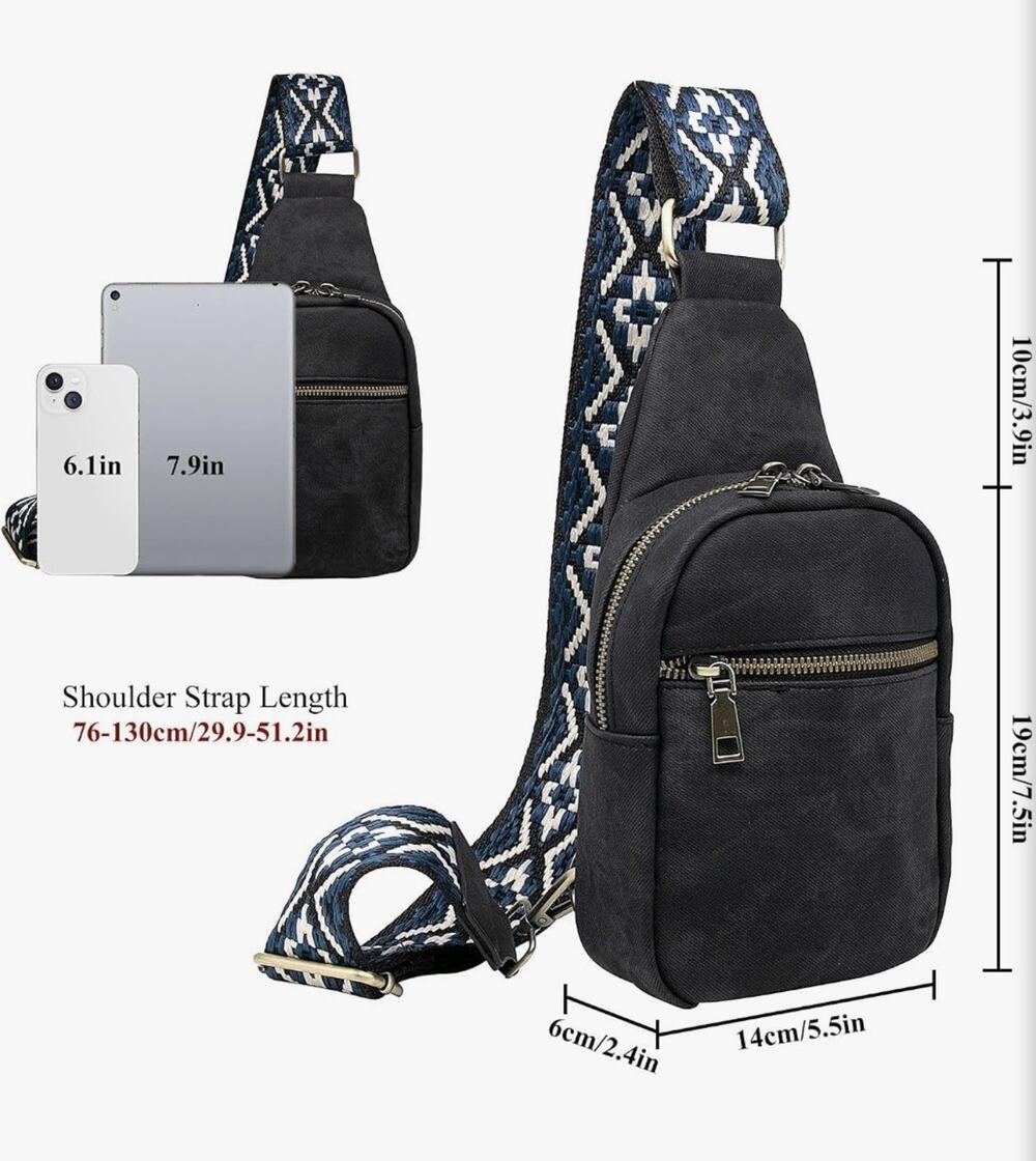 Sling Crossbody Bag Black Geometric Zip Detachable Strap